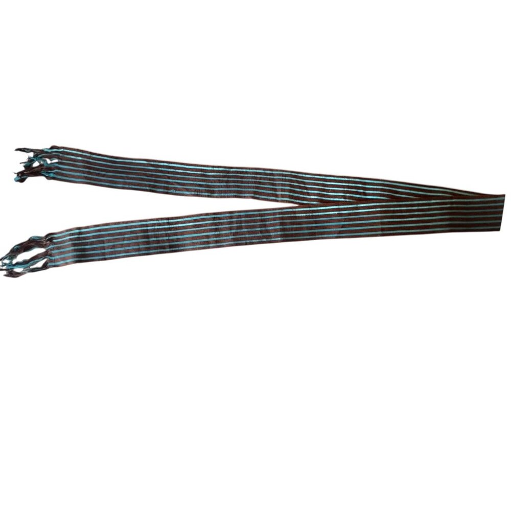 Guatemalan Handwoven Sash Belt 82" With Fringe Turquoise Blue & Brown Stripes - Picture 4 of 7